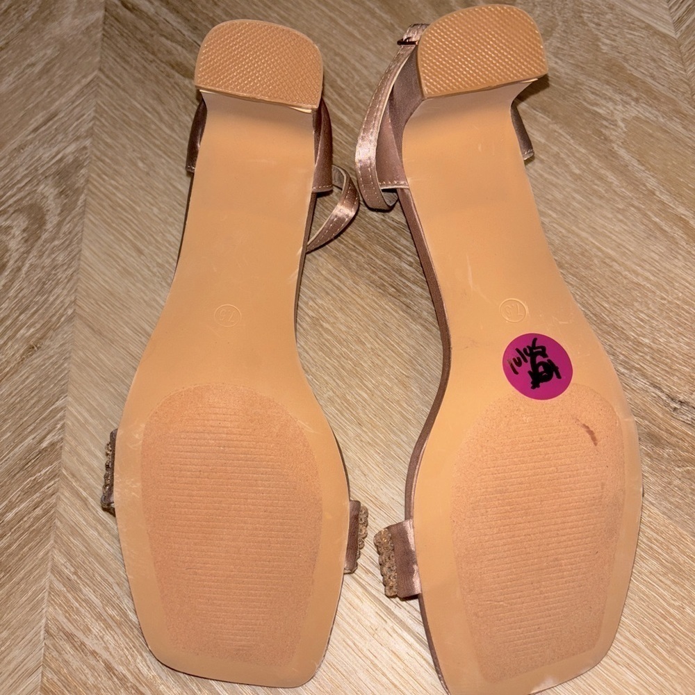 NWOT Lulus Kainda Champagne Satin Beaded Ankle Strap Heels - Picture 7 of 7
